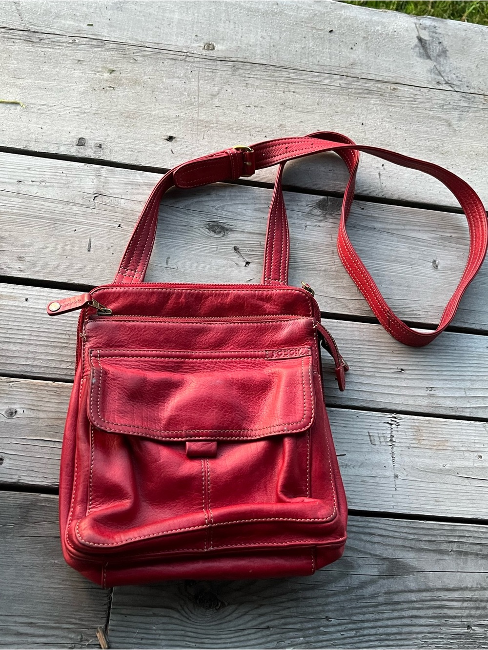 Fossil Red Leather Crossbody Messenger Bag